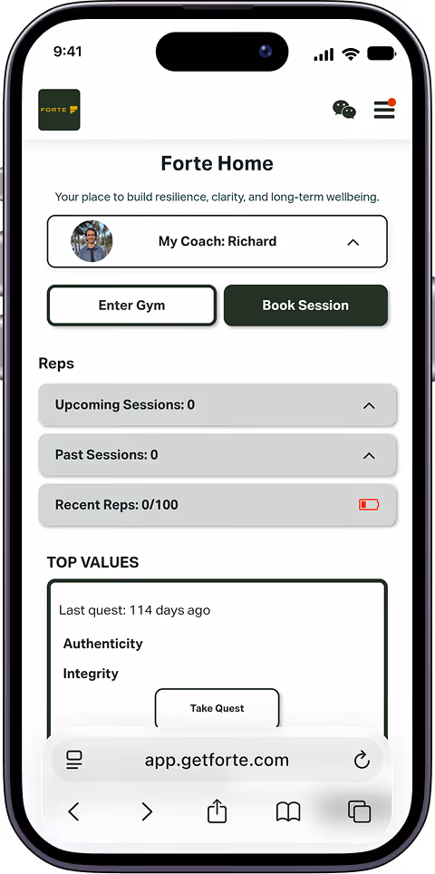 Smartphone screen showing Forte Home app with user Coach named Richard, buttons for Enter Gym and Book Session, Session stats, and top values authenticity and integrity.